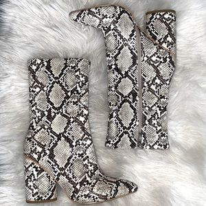 PrettyLittleThing snakeskin faux leather calf-high boots. Size 7